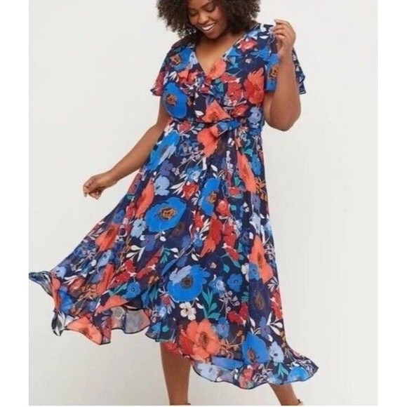 Lane Bryant Faux Wrap Midi Dress Navy Orange Ruffle Flutter Sleeve Size 16 - Picture 1 of 10